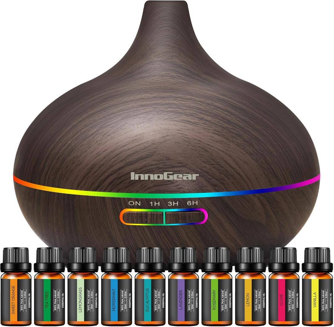 InnoGear Aromatherapy Diffuser & 10 Essential Oils Set, 400ml Diffuser Ultrasonic Diffuser Cool Mist Humidifier with 4 Timers 7 Colors Light Waterless Auto Off for Mother's Gift, Dark Wood Grain