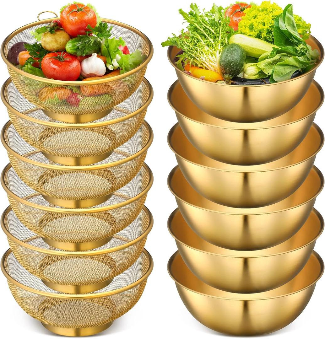 Nuogo 12 Pcs Stainless Steel Microporous Colander Set Gold Kitchen Strainer with 54 oz Metal Mixing Bowls Rice Washing Colander Gold Kitchen Utensils for Draining Vegetables Pasta Meat Fruit Potato