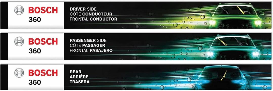 BOSCH B36012 360 Complete Vehicle Wiper Blade Replacement - Includes Front Beam Blades (Pair) + Rear Wiper Blade (1) - 22"/21"/11"