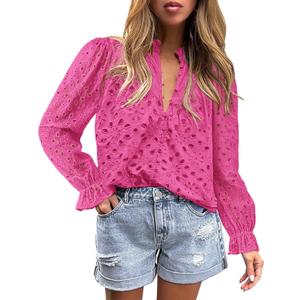 PRETTYGARDEN Women's Dressy Casual Blouse Tops Fall Spring Puff Long Sleeve Button V Neck Hollow Out Lace Embroidered Shirts (Pink)