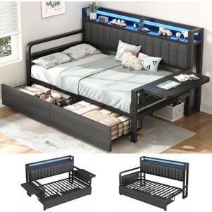 Jocoevol Twin Corner Bed Frame with Storage Drawers and LED Light, Heavy Duty Metal Daybed with Upholstered Storage Headboard & Charging Station, Twin Size Day Bed for Kids Teens Guests, Black