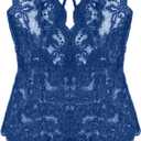 Women One Piece Lingerie Sexy Teddy V Neck Bodysuit Lace Nightie (Blue, XL)