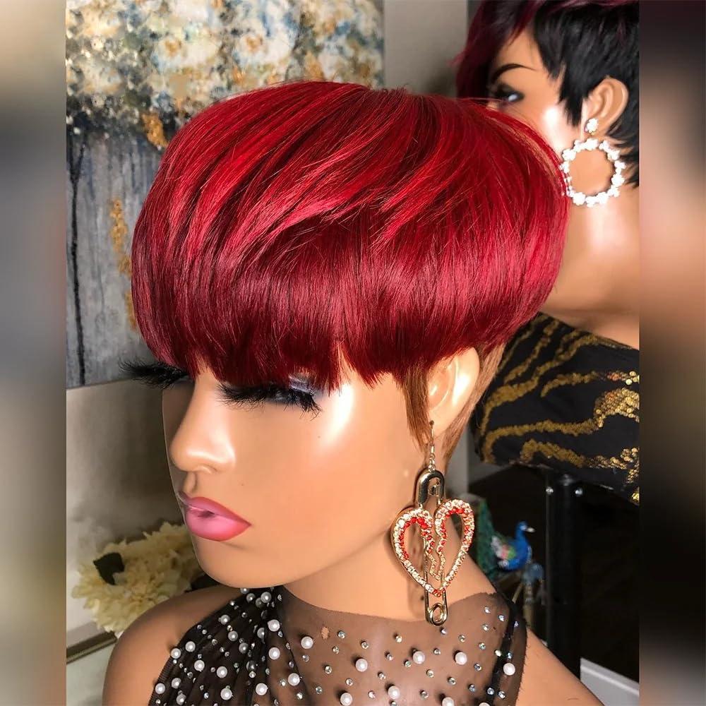 Pixe Cut Wig Wigs For Black Women Short Wigs for Black Women Wigs With Bangs Red to Brown Wigs Natural Hairline Wig Hair Replacement Wigs 8Inch