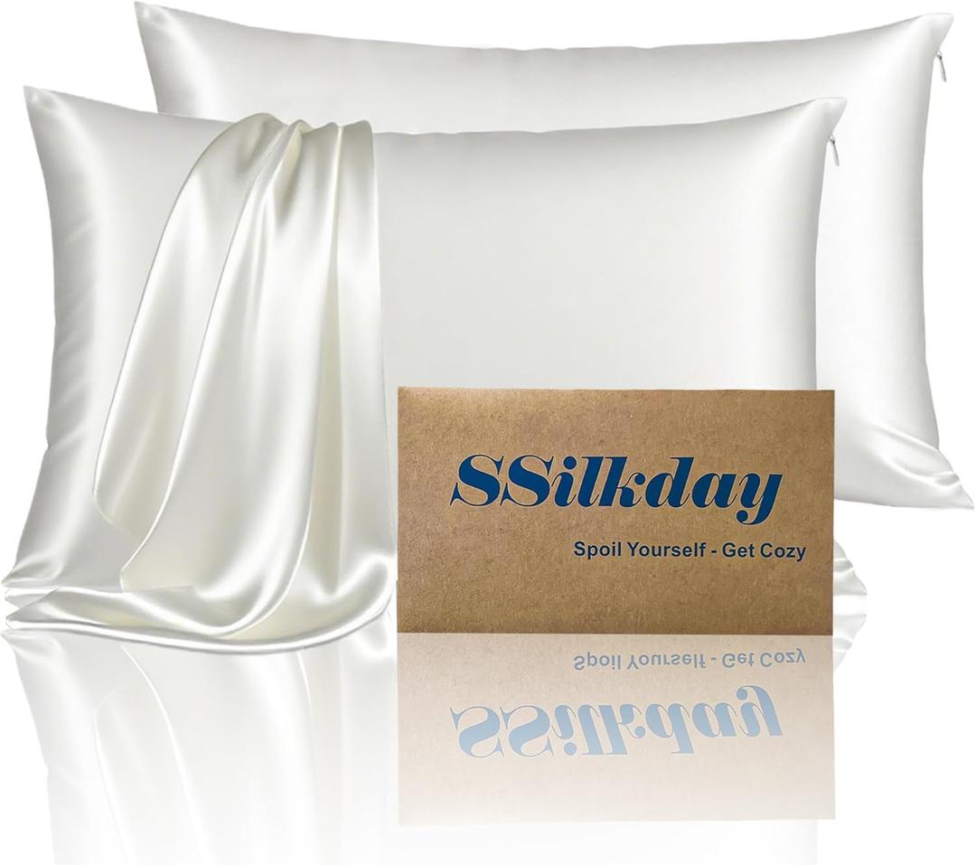 Mulberry Silk Pillow Cases 2 Pack Standard Size with Zipper, Ultra Smooth Soft Breathable Cooling Pillow Cases for Hot Sleepers, Silk Satin Pillowcase for Hair and Skin Set of 2, Gifts for Women