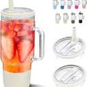 SIEROZUR 40 oz Glass Tumbler with Handle and Straw Lid Reusable Glass Tumbler with Silicone Sleeve BPA Free Iced Coffee Cup with Handle, Fits In Cup Holder, Dishwasher Safe (Beige)