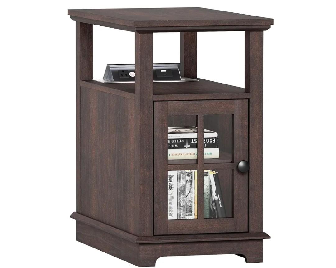 HIFYOBRO Narrow End Table with Flip Top Charging Station, Adjustable Shelf, Type-C & USB Port & Power Outlets, Side Table with Storage for Living Room/Bedroom/Home Office