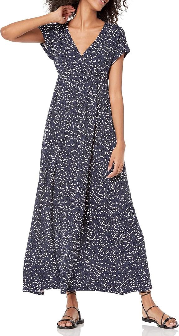 Amazon Essentials Women's V Neck Short Sleeve Waisted Maxi Dress, Floral Blue XL