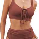 ZAFUL High Waisted Bikini Sets for Women Full Coverage Tummy Control Swimsuits Bow Tie Knot Swimwear Two Piece Bathing Suits (Small, Brown Red)