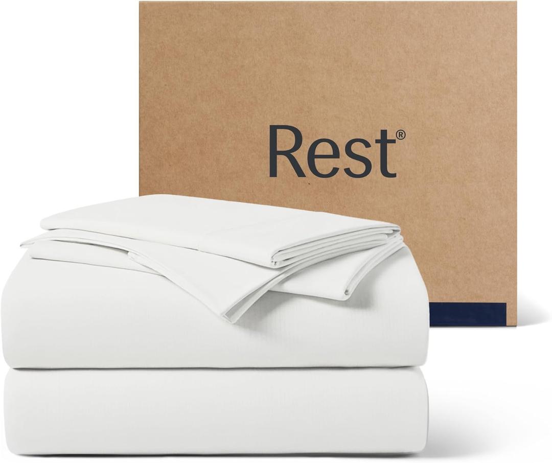 REST Evercool+ Cooling Sheet Set, Queen Size, Arctic White, Breathable Bed Sheets for Hot Sleeper and Night Sweats, with Pillowcases, with Ionic+ Self-Cleaning Silver Yarn for Sensitive Skin, 4PCS