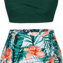 Hanna Nikole Women Plus Size Two Piece Swimsuit Sets Twist Front Bikini Bathing Suit with Drawstring Ruched Bottom (Green Leaves Floral)