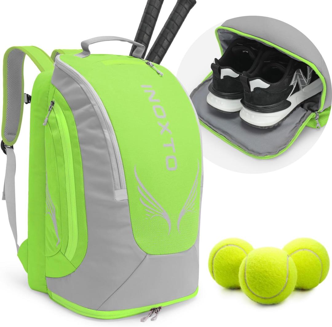 INOXTO 40L Tennis Backpack for Men & Women, Large Pickleball Bag With Independent Shoe Storage, Waterproof & Breathable, Holds 2 Tennis Rackets for Badminton, Travel & Camping (Light green)