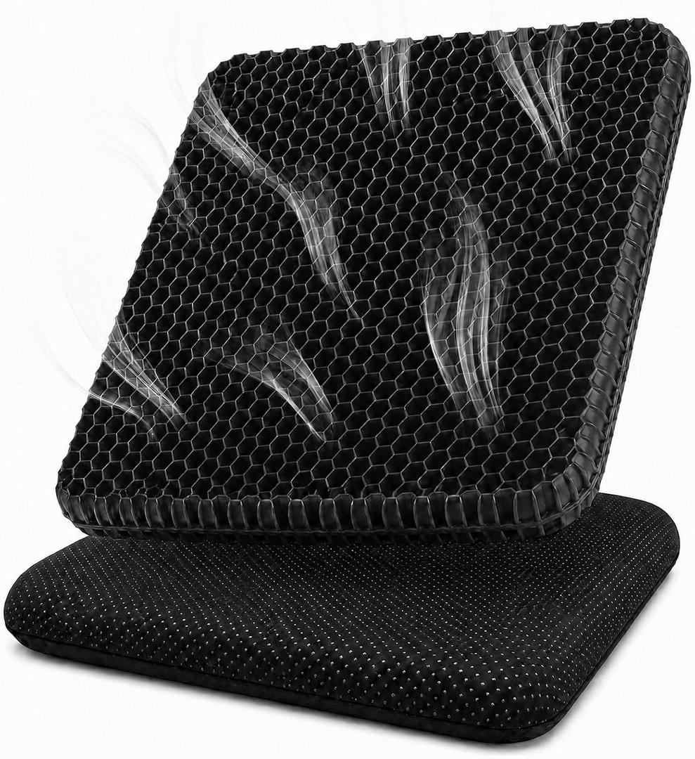 Gel Seat Cushion for Long Sitting – Double-Layer Honeycomb Cooling Chair Pad, Thick Supportive Gel Cushion with Breathable Non-Slip Cover for Office Chair, Car, Wheelchair & Long Sitting（Black）, 17.8 x 17.8 x 1.58 inches