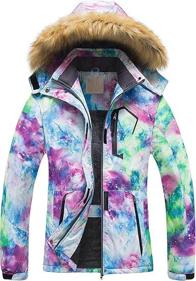 Pursky Women's Waterproof Ski Jacket Winter Snow Coats Fur Hooded Raincoat Parka (Star)