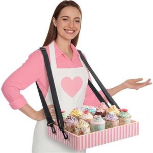1 Pcs Wooden Snack Trays with Strap 15 x 10 x 2.7 Inch Movie Night Snack Popcorn Usherette Vendor Drink Beverage Carrier for 20's Costume Carnival Mother's Day (Pink and White Stripes)