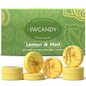 SWCANDY Shower Steamers Aromatherapy Birthday Gifts for Women Travel Essentials, 8 Pcs Lemon Mint, Bath Bombs Shower Bombs with Natural Essential Oils, Relaxation Home SPA