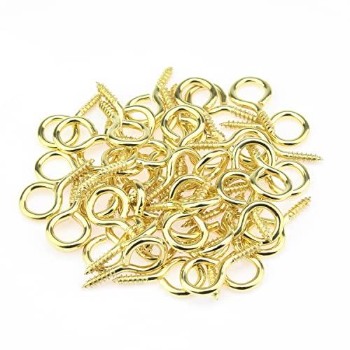 HELIFOUNER 100 Pieces 5# Screw Eyes, Screw in Eye Hooks, Metal Screw Eye Pins Hooks, Brass Plated Steel Screw Eyes, Gold