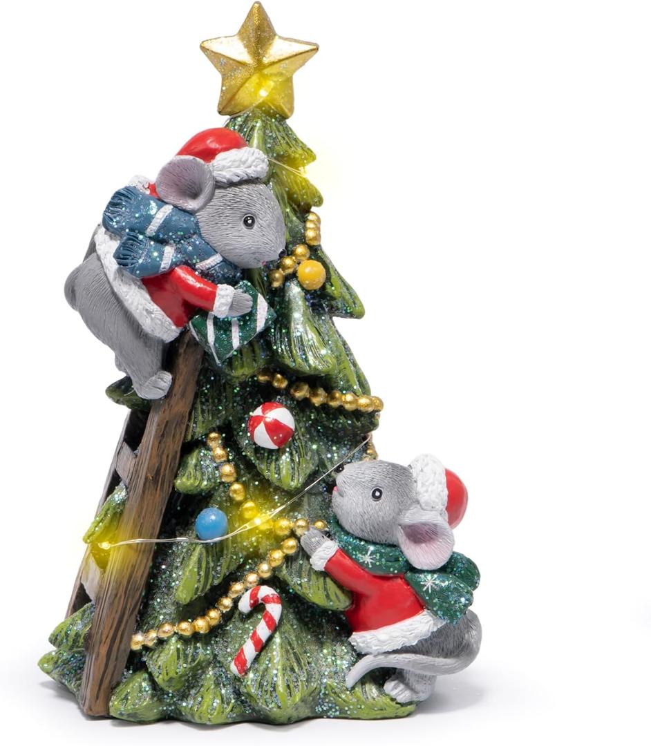 Hodao Christmas Mouse Figurine Tree Decor  Hand-Painted Resin with Glitter, Ladder, Star Topper, Candy Ornaments, Garland  Indoor Holiday Tabletop Statue for Home, Bedroom, Office, Winter Gift (Xmas Tree-red)