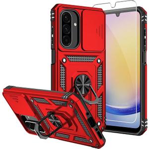 ATUMP for Samsung Galaxy A26 Case with [2 Pack] HD Screen Protector & Slide Camera Cover, Rotation Ring Kickstand [Military Grade] Shockproof Protective Case for Galaxy A26 5G- Red