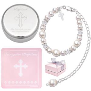 Tryuunion Baptism Bracelet in Sterling Silver and Cultured Pearls for Baby Girls, with Silver-plated Jewelry Keepsake Box, Great Catholic Christening and Baptism Gifts for Girl