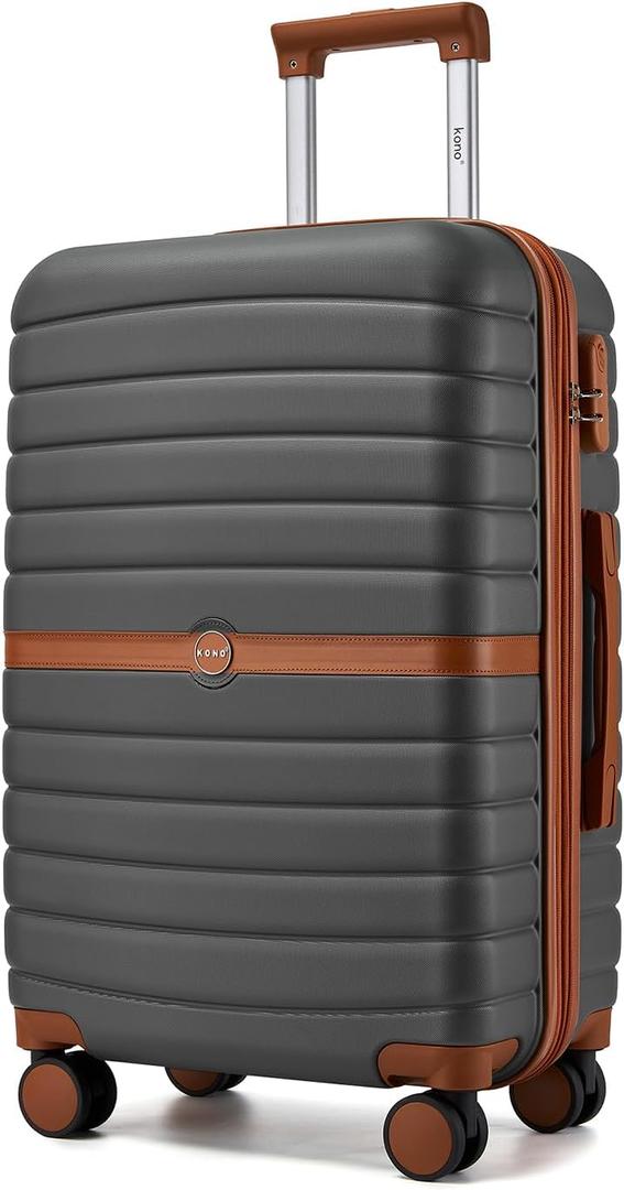 Kono Expandable 24 Inch Luggage with Spinner Wheels, Medium Checked Luggage with Lock, Lightweight & Anti-Scratch PC+ABS Hardshell Travel Suitcase, Grey/Brown