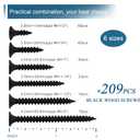 High Hardness Black Wood Screws Assortment Kit, 209 pcs, Phillips Drive Flat Head, Wood Screws, Screws, Drywall Screws, Assorted Screws, Screws Set, 6 Sizes (2,1-1/2,1-1/4,1,3/4,1/2)