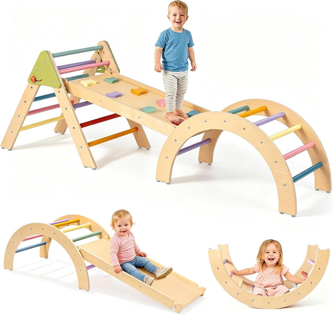 aiwo 7in1 Pikler Triangle Set Climbing Toys for Toddlers 1-3 Rainbow, Large