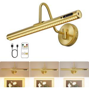 VOLISUN Picture Lights for Wall, 15.7'' Rechargeable Picture Light Battery Operated, 3 Color Temps Cordless Picture Light with Remote, Magnetic Art Light for Painting, Gallery, Portrait, 1 Pack(Brass)