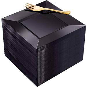 Supernal 200pcs Black Dessert Plates with 100pcs Gold Dessert Forks,100pcsElegant Appetizer Salad Plastic Plates,Black Square Cake Plates for Party,Birthday, Wedding,Afternoon Tea Easter