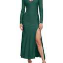 BWQ Women's Elegant V Neck Split Bodycon Dress Sheer Mesh Long Sleeve Cocktail Party Prom Maxi Dresses Green L