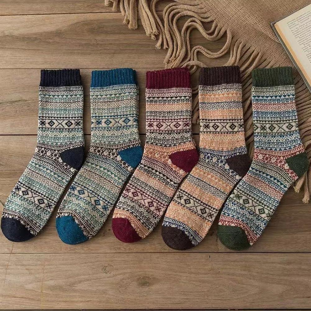 5 Pack Crew Socks for Women Vintage Cotton Fall Thick Ankle Socks Boho Knit Warm Soft Boot Long Sock Breathable Stocking (Blue, S)