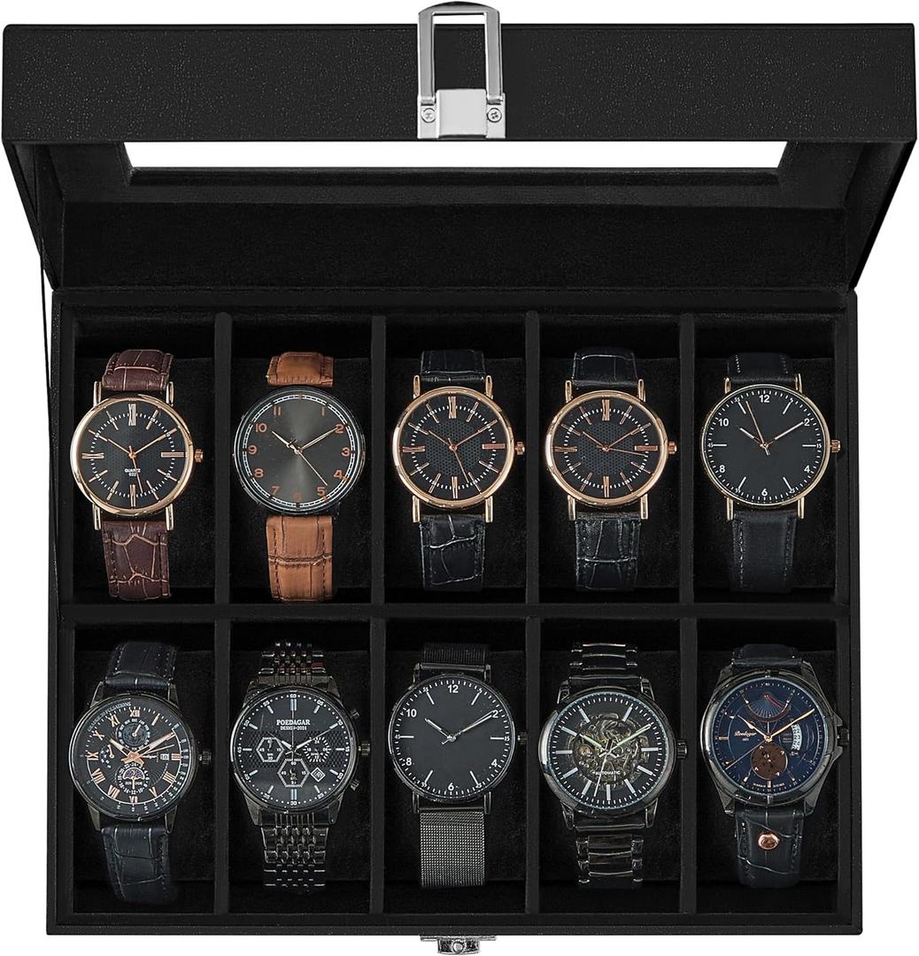 SONGMICS Watch Box, 10-Slot Watch Case Organizer with Large Glass Lid, Removable Pillows, Gift for Loved Ones, Black Synthetic Leather, Black Lining UJWB010B02