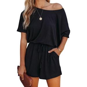 Lacozy Women's 2026 Summer Short Sleeve Off The Shoulder Rompers Casual Shorts One Piece Overall Jumpsuits Dressy (Black, L)