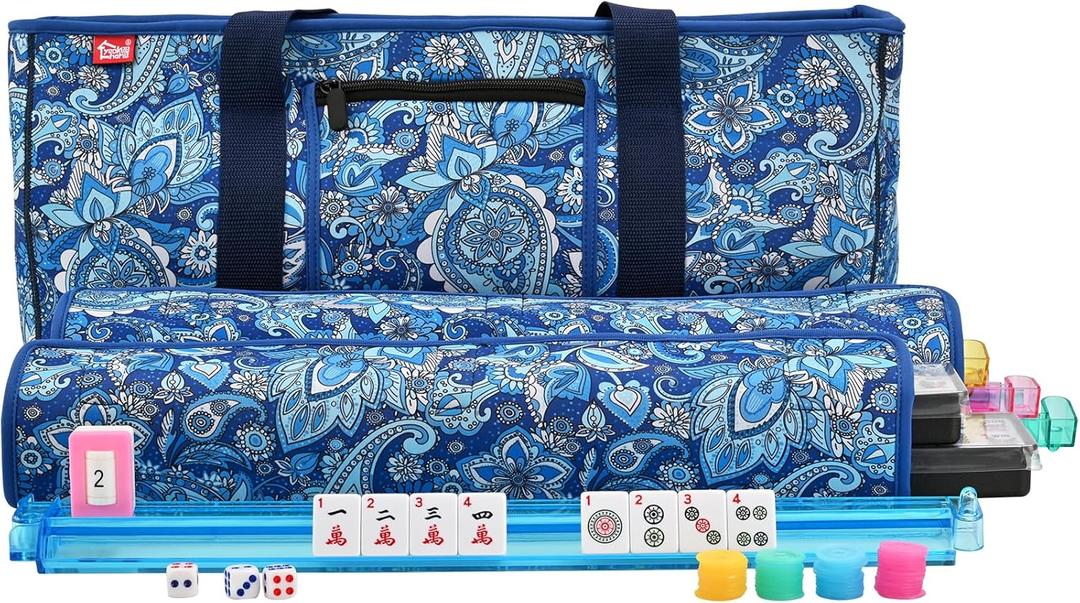 yookee home Mahjong Set Mahjong Game Set American Mahjong Set 166 Tiles 4 All-in-One Color Rack/Pushers Blue Paisley Soft Neoprene Bag Mahjongg Ma Jong Set
