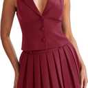 Cicy Bell Womens Summer 2 Piece Outfits V Neck Blazer Vest Matching Sets and Mini Pleated Skirts (Medium, Burgundy)