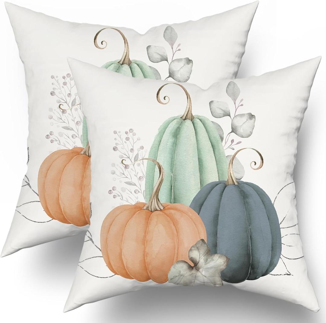 Fall Blue Orange Pumpkin Pillow Covers 18x18 Set of 2 Watercolor Pumpkins Throw Pillows Autumn Themed Decorations Thanksgiving Decorative Pillowcase Cotton Square Cushion Cover for Couch Sofa Bed