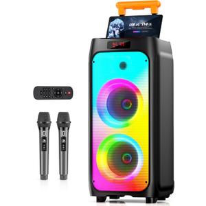 Karaoke Machine with 2 Wireless Microphones, 500W Portable Bluetooth 5.3 Party Speaker for Adults/Kids w/36H Playing Time, Disco Lights for Outdoor Gathering/Home Singing/Best Gifts