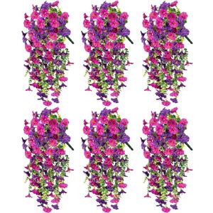 Artificial Hanging Flowers for Outdoors 6PCS Fake Morning GloryUV Resistant, Waterproof Silk Flowers with Eucalyptus Leaves