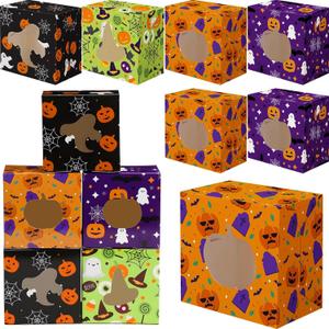 LemonRoad 48 Pcs Halloween Cookie Boxes with Window Pumpkin Witch Ghosts Spider Paper Treat Boxes for Cookies Candy or Small Cupcake Wrapping in Halloween Party Supplies