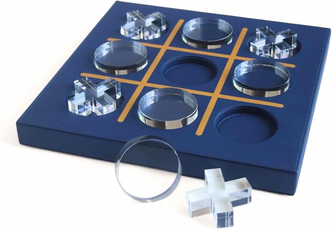 Modern Tic Tac Toe for Home Decoration with Blue Leather and Acrylic Pieces Decorative Table Top Housewarming Gift