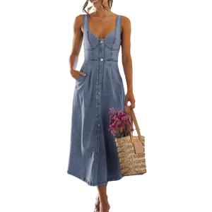 ebossy Stretchy Smocked Denim Dress for Women Sleeveless Babydoll Button Down Midi Long Jean Dresses (Medium, Light Blue)