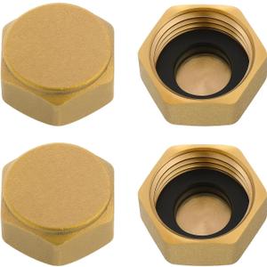 4 Pcs Garden Hose End Caps with Washers, Brass Plug Radiator Valve Caps, Hex Head Stop Valve Cap, Plumbing Fittings for Washing Machine Radiator Gas Water Line Faucets