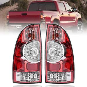 Nakuuly Tail Light Rear Lamp Compatible With 2005-2015 Toyota Tacoma Pickup Driver and Passenger Side LED Lens Taillights Brake Signal Assembly with Bulb and Harness (Red Housing with Clear Lens)