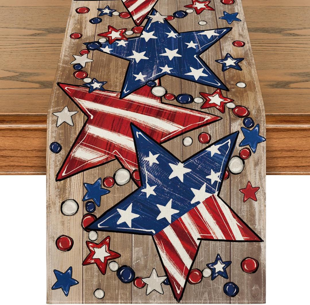 Artoid Mode Wood Stars Beads America Patriotic 4th of July Table Runner, Memorial Day Kitchen Dining Table Decoration for Home Party Decor 13x120 Inch