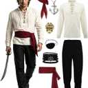 Men’s Pirate Costume Set, 8-Piece Renaissance Medieval Outfit Accessories, Small