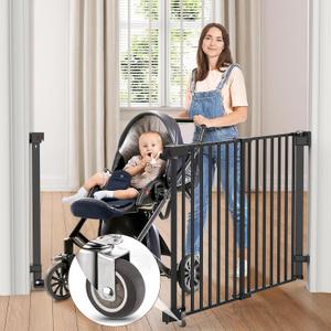 FURTIME 29-43.3" Sliding Baby/Dog Gate, No Bottom Bar Baby Gate for Doorways, Extra-Wide Walk Thru Door with Bottom Rubber Wheels, Hardware Mounted, Black