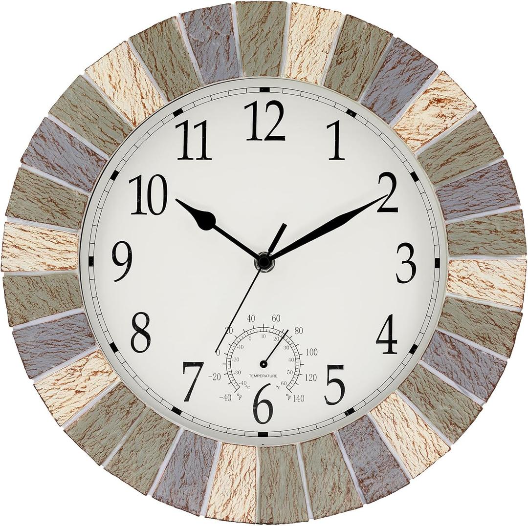 UMEXUS Outdoor Indoor Clock, 13 Inch Waterproof Wall Clocks with Thermometer，Silent Non-Ticking Battery Operated Decor for Patio, Garden, Porch, Pool, Living Room (Marble Gray)