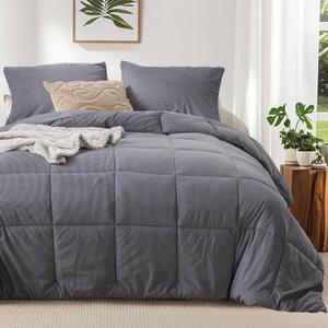KASENTEX King Size Corduroy Comforter Set, 3 Pieces Fluffy Down Alternative Warm Duvet Insert with Soft Brushed Microfiber Reverse, Cozy Bedding Sets Box Stitched for All-Season Comfort,Grey