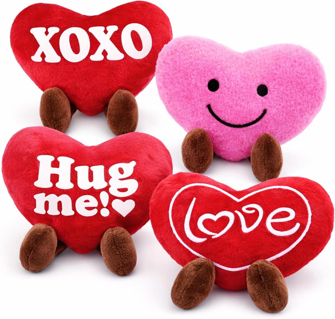 ArtCreativity Set of 4 Small Valentines Plush Hearts - Cute Love Heart Plush Toys in Assorted Designs - Stuffed Love Heart Toy Set - Decorations and Valentines Gifts for Kids, Girlfriend, Wife
