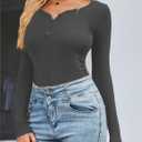 Amoretu Women's Henley Long Sleeve V Neck Shirts Slim Fitted Side Ruched Button Tops (Gray, S)