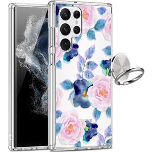 GiiKa for Galaxy S22 Ultra Case, Clear Girls Women Heavy Duty Shockproof Protective Hard Phone Cover Case for Samsung Galaxy S22 Ultra, Pink Blue Flowers